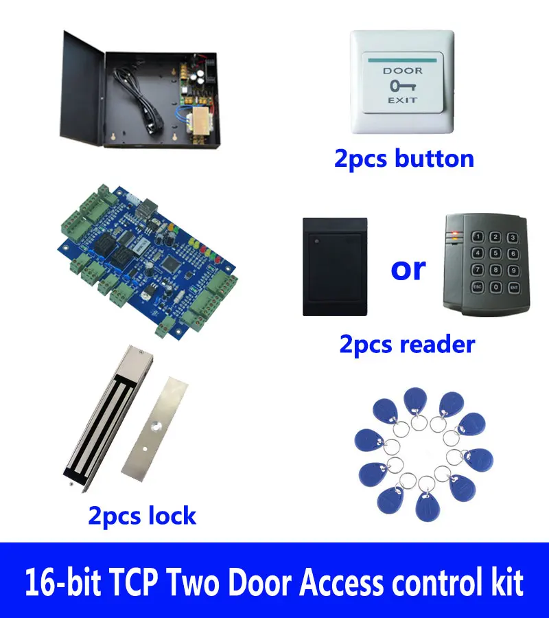 RFID комплект контроля доступа, TCP два двери контроля доступа + powercase + 280 кг магнитный замок + ID считыватель + кнопка выхода + 10