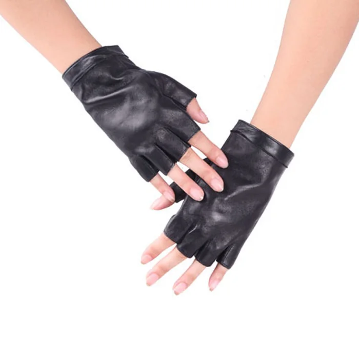 Spring And Summer Womens Semi Finger Genuine Leather Glove Hip Hop