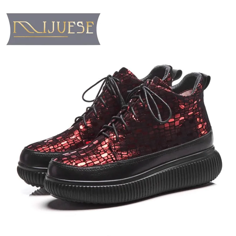

MLJUESE 2018 women ankle boots cow leather lace up checkered red color autumn spring women platform boots women size 34-42