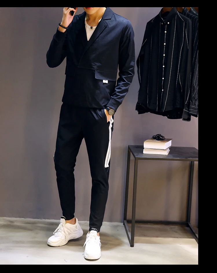 2018 осень Для мужчин комплект рубашка и брюки Повседневное Slim Fit Комплект из двух предметов Для мужчин Moda Hombreblack белый упругие талии брюки