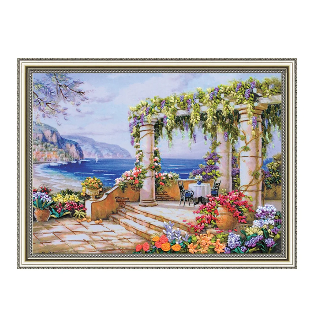 HILIFE DIY Cross Stitch Painting Kit Landscape Garden Floral Painting Kits for Embroidery Needlework Set Ribbon Embroidery