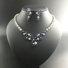 2017 NEW FASHION,luxury blue five leaves flower zircon golden necklace earring set,wedding bride party dress banquet jewelry