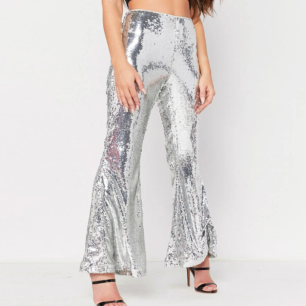 

2019 Sequin Trousers Women Sparkle Pant Zipper Metallic Skinny Ladies Long Maxi Trousers Dance Flare Pant Sexy Club Silver Black