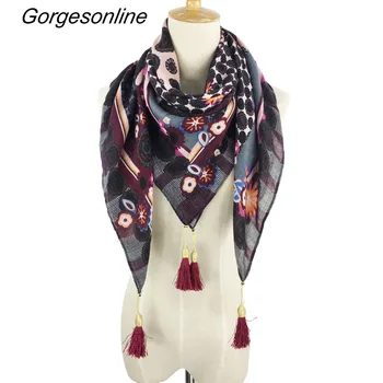 

Wholesale Have 22 Colors New Autumn Fashion Flowers Printed Nice Colorful Tassel Hanging Scarves Square Moslem Scarf Women