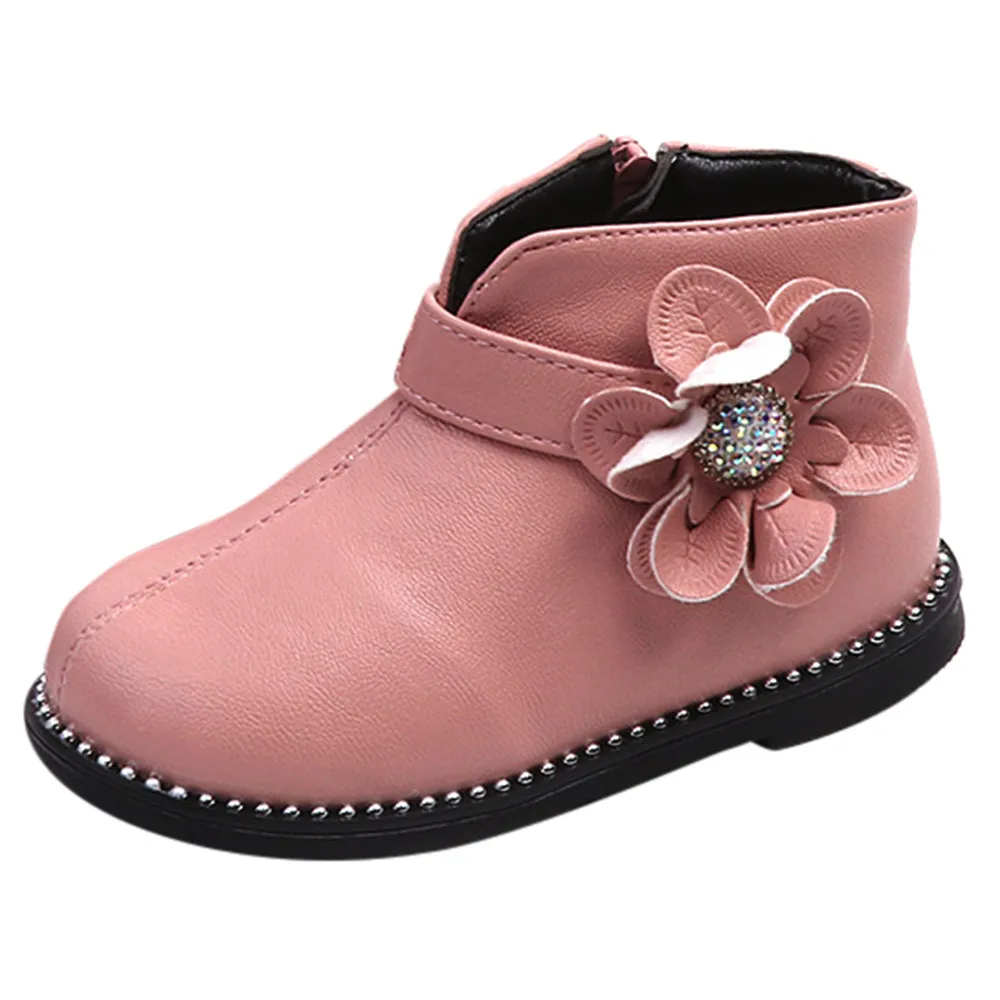 Детская обувь модная детская обувь для девочек зимние мягкие детские ботинки детская теплая Повседневная нескользящая обувь с цветочным рисунком - Цвет: Розовый