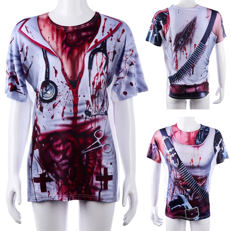 

Halloween doctor horror scary cosplay costume nurse Horror bloody tshirt clothing punk Medieval costumes T-shirt for women men