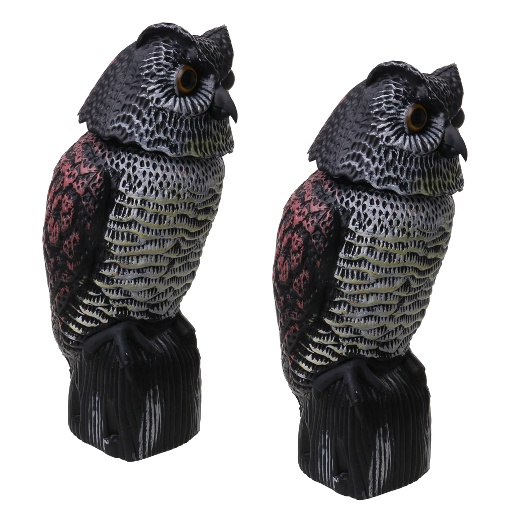 MagiDeal  Portable 2 Pieces Realistic Owl Decoy With Rotating Head Bird Pigeon Crow Scarer Scarecrow Hunting Decoy 