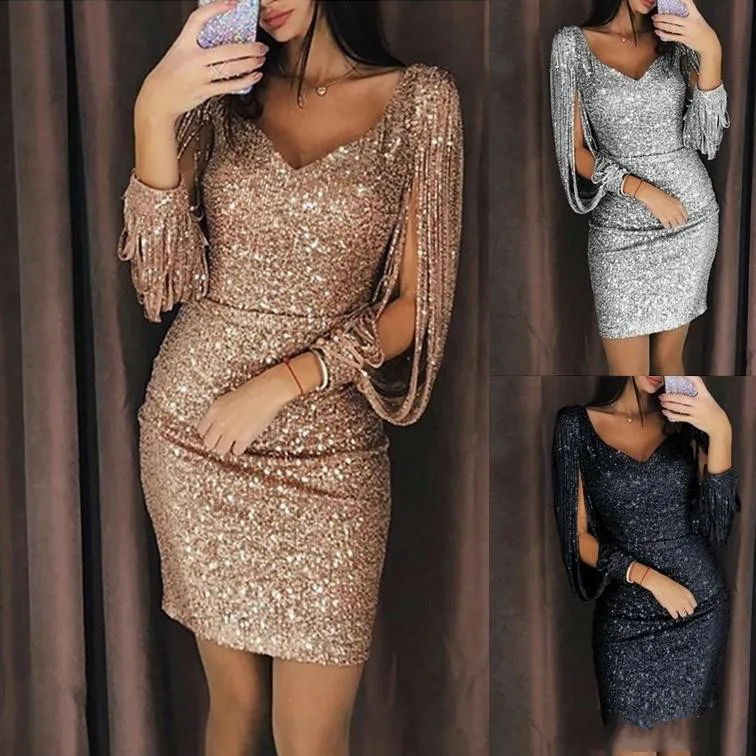 BacklakeGirls Sexy Tassel Sleeve Cocktail Dresses For Women Mini Sequin Deep V Neck Cocktail Dress Bling Abric Style