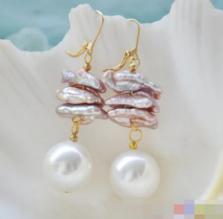 

FREE SHIPPING>>> free shipping 00199 white shell pearl lavender biwa pearl dangle earring