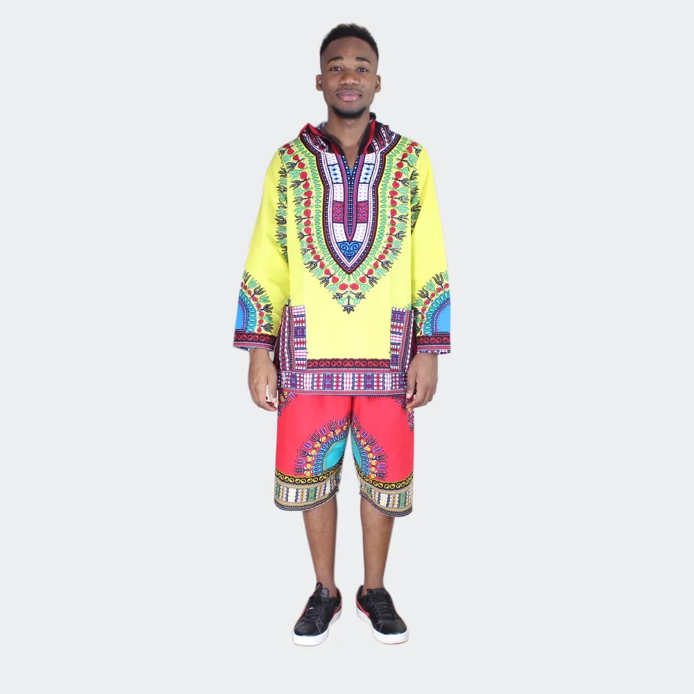 Dashikiage африканского Amercian желтый и красный с длинными рукавами, 100% хлопок Толстовка Футболка Дашики с капюшоном