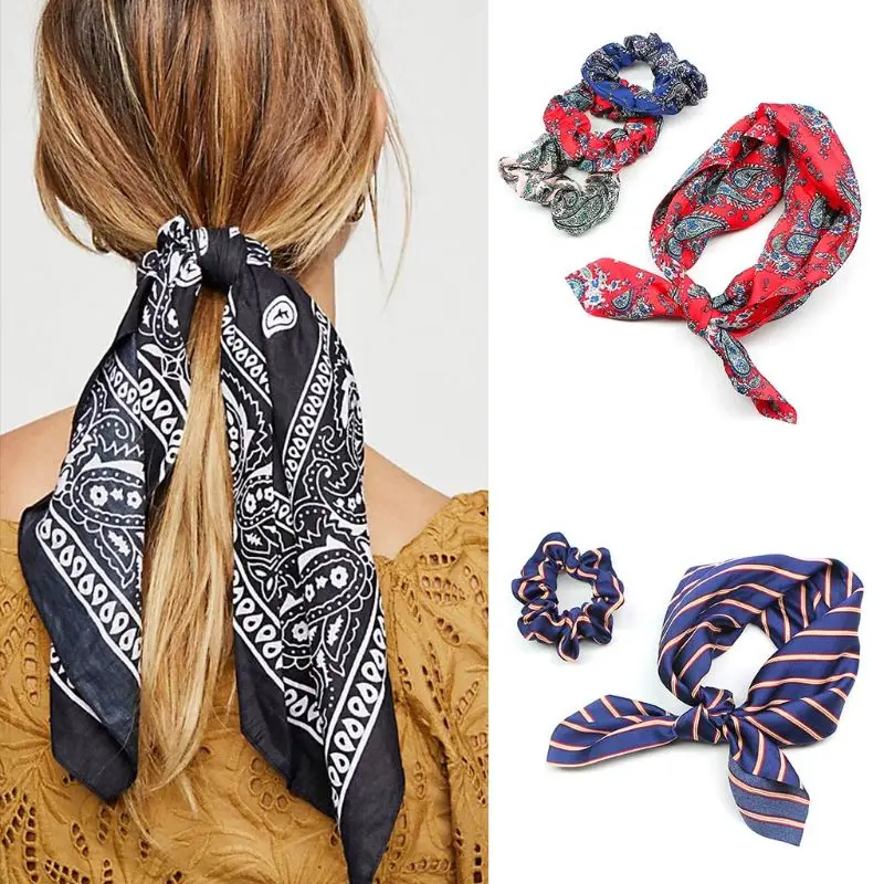 

Vintage Women Lady Large Intestine Hair Rope Stripes Paisley Floral Print Square Silky Scarf Bandanna Ponytail Holder Scrunchies