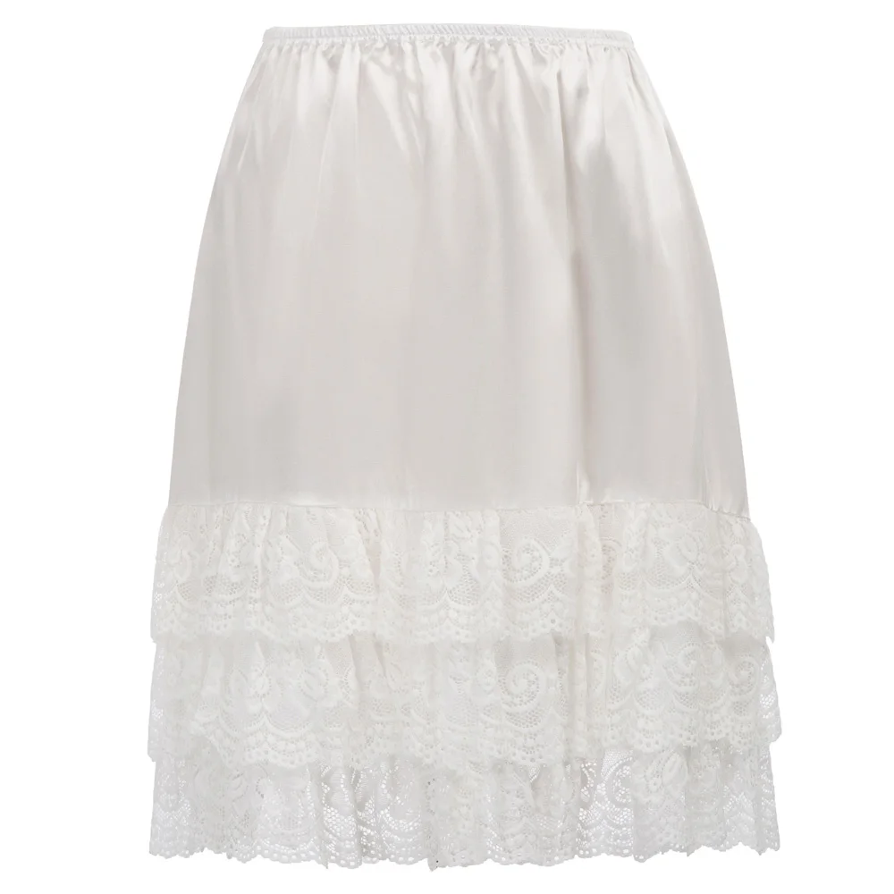 

Autumn Short Party Skirt Smooth 3-tiers Casual Plus size Ladies Satin Elastic Lace hem Plain A-line Summer New