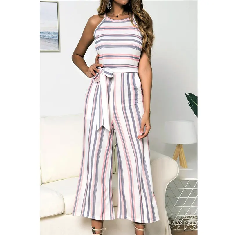 New Fashion Women Summer Sexy Sleeveless Multicolour Striped Jumpsuit Clubwear Wide Leg Pants Outfit Long Pants Jumpsuit #4A18 (16)