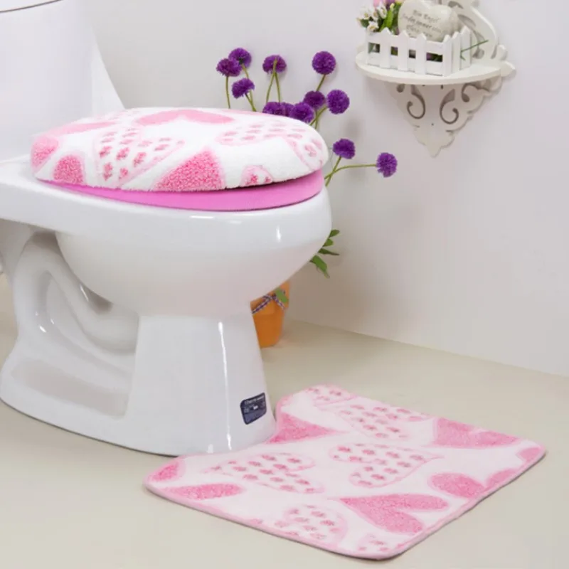 3 Pieces/Set Warm Heart Pattern Anti-Silp Bath Mat Flannel Contour Rug Lid Toilet Cover Carpet Bathroom Set | Дом и сад