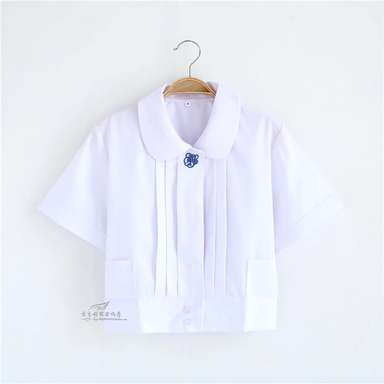 

Cute Girls Japanese School Uniform Girls JK White Blouse Embroidery Accordion Pleats Peter Pan Collar Short Sleeve Shirt Tops