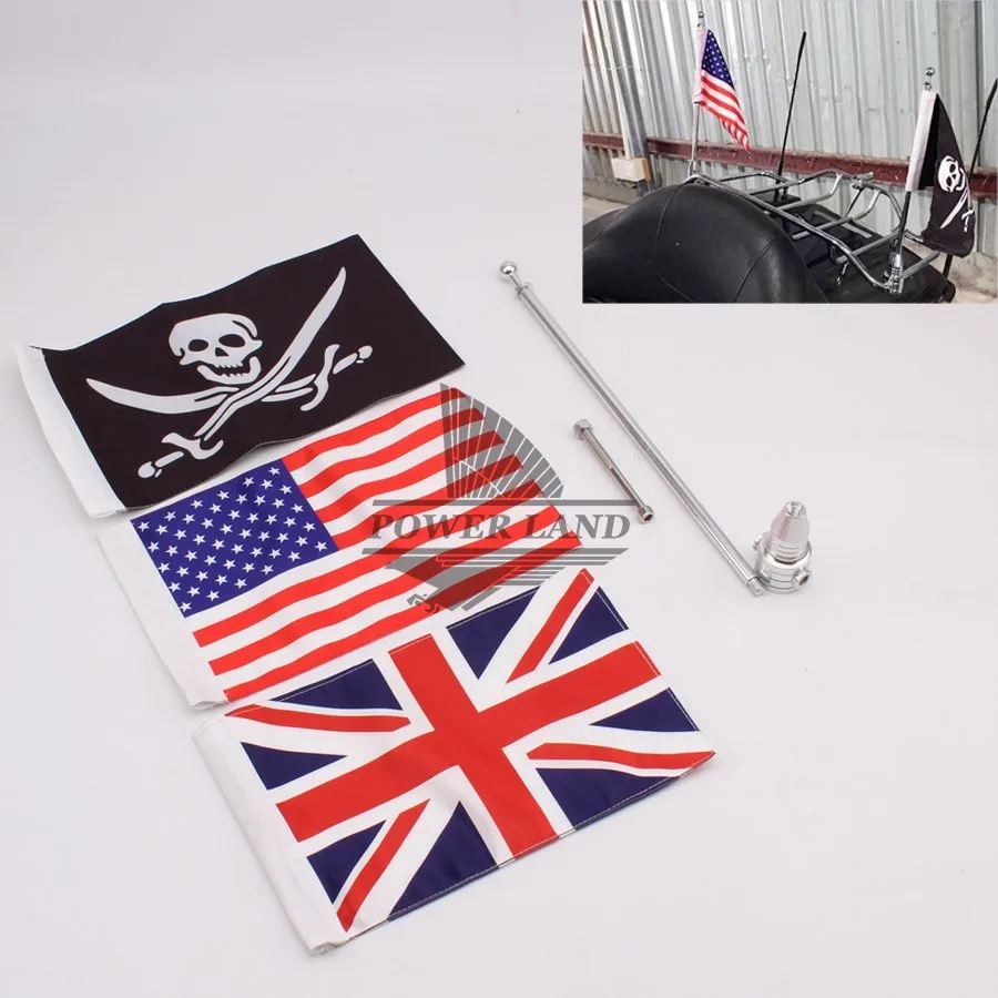 1pc Silver Motorcycle Flag Pole Rear Side UK USA Skull Flag w/ Mounting