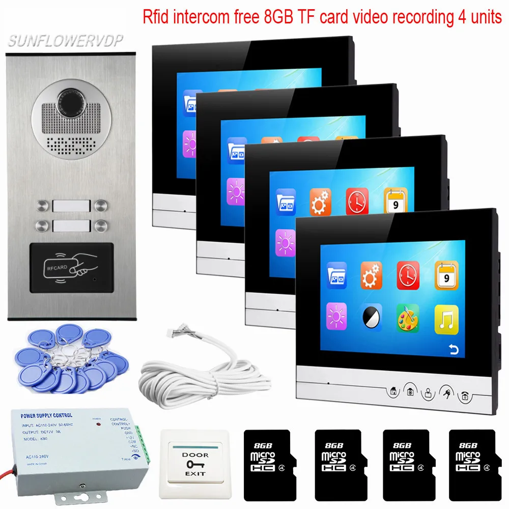

Rfid Video Intercom For The Apartment 4 Units Video Phone With 8GB TF Memory Card Video Recording Door Phone Intercom Touch key