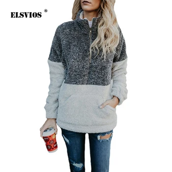 

ELSVIOS Fleece Patchwork Women's Turtleneck Front Pocket Zipper Long Sleeve Warm Pullovers 2018 Elegant Winter Autumn Thick coat