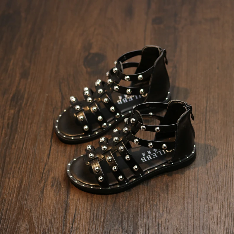 

Baby Girls Sandals with Rivets Solid Color Kids Sandals Rome Style Leather Children Ankle High Sandals Summer Shoes Size 26-36