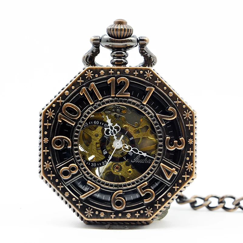 

Skeleton Steampunk Automatic 3 Color Mechanical Pocket Watch Hollow Roman Numbers Dial Design with Fob Chain PJX1269