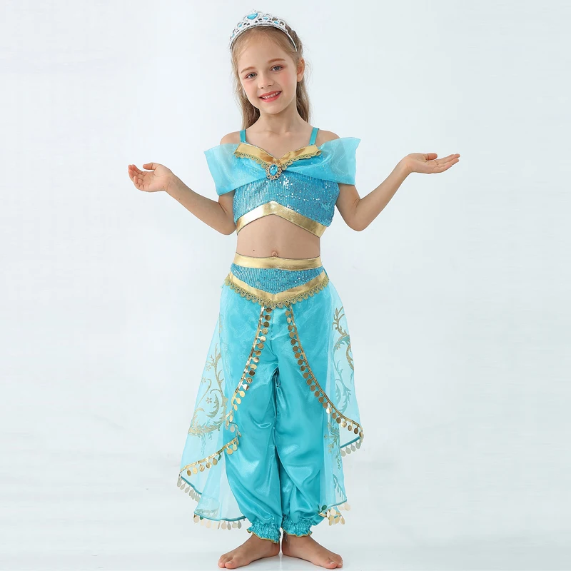 Girls Kid Summer Jasmine Princess Dance Dress Suit Aladdin Halloween Christmas Performance Costume Top Skirt Pant Two piece Set