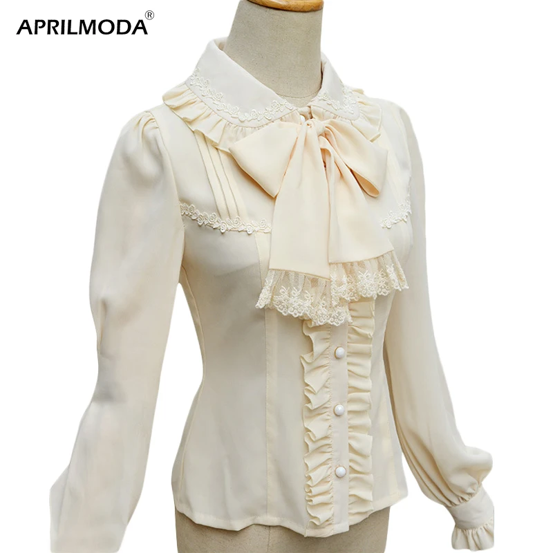 

Sweet Lolita Blouse Full sleeve Chiffon Shirts Lace Tie Ruffles Elegant Empire Vintage Lolita Blouses Classic Women's Shirt