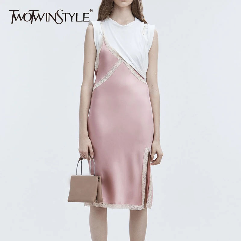 

TWOTWINSTYLE Patchwork Stain Lace Dress Female Short Sleeve Split T-shirt Dresses Women Sexy Casual Clothes 2019 Summer Fashion