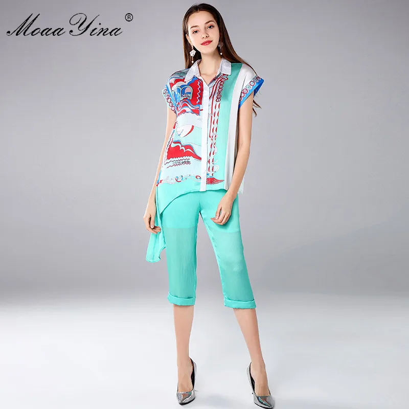 

MoaaYina Fashion Designer Set Spring Autumn Women's Short sleeve Print Asymmetrical Blouse+Elastic waist Pants Two-piece suit