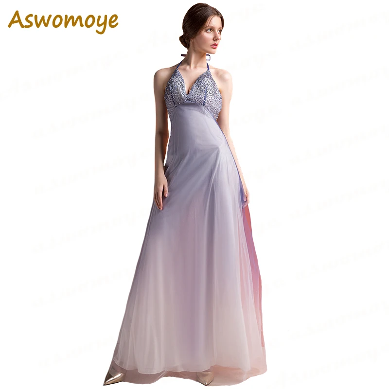 

Aswomoye A-Line Chiffon Evening Dress 2018 Sexy Backless Deep V-Neck Halter Beading Prom Dress Haute Couture Robe De Soiree