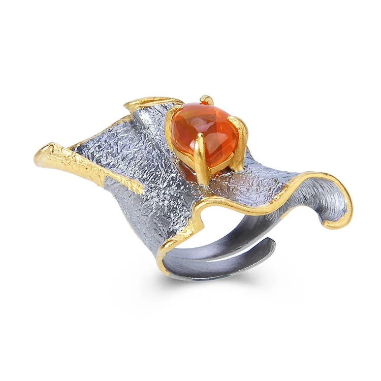 Retro Thai Silver Fashion Fire Opel Craft S925 Sterling Silver Inlaid Gemstone Creative Vintage Flower Open Ended Ring Female