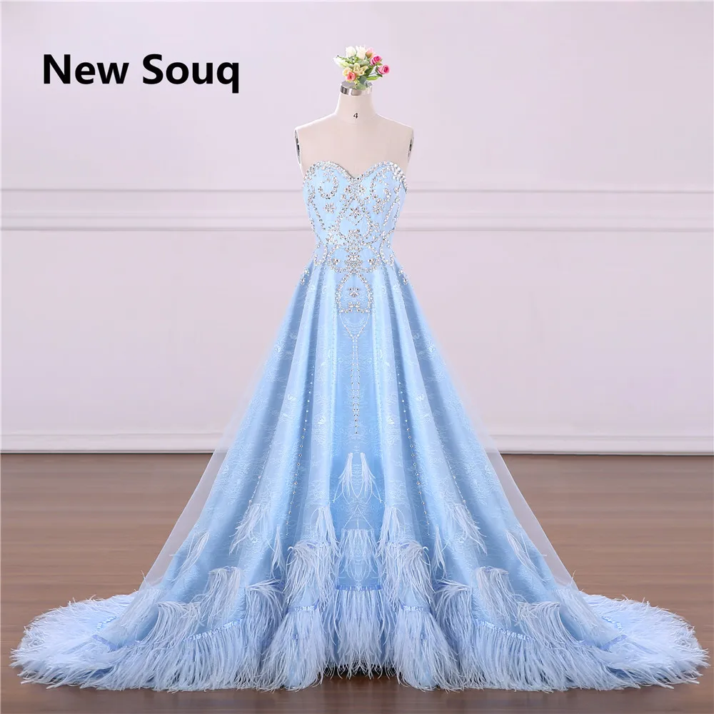 

Sky Blue Luxury Beading Crystal Evening Dresses With Feather Sweetheart Backless Sweep Train Long Prom Dress Robe De Soiree