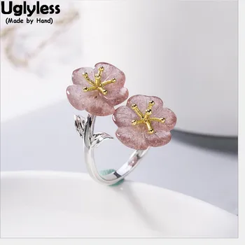 

Uglyless 100% Real 925 Sterling Silver Handmade Double Flowers Open Rings for Women Strawberry Quartz Plum Floral Fine Jewelry