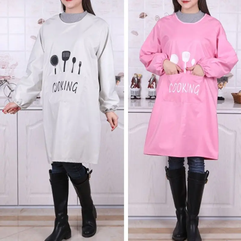 

Waterproof Cooking Chef Kitchen Restaurant Long Sleeve Apron Print Pattern With Pockets For Man Woman 2019