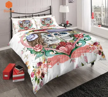 

3Pcs Sugar Flowers Heart Skull White Bedding Set Pillowcases Duvet Cover Quilt Cover For Kids Queen King Sizes Bedspreads Sj234