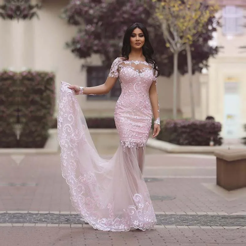 Arabic-Style-Mermaid-pink-Evening-Dress-with-Short-Sleeve-Sexy-See-Through-Lace-Prom-Dresses-Long