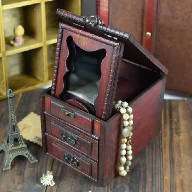 Copper Statue Classic antiquity belt mirror wooden jewel box dressing box compound desktop storage box 2