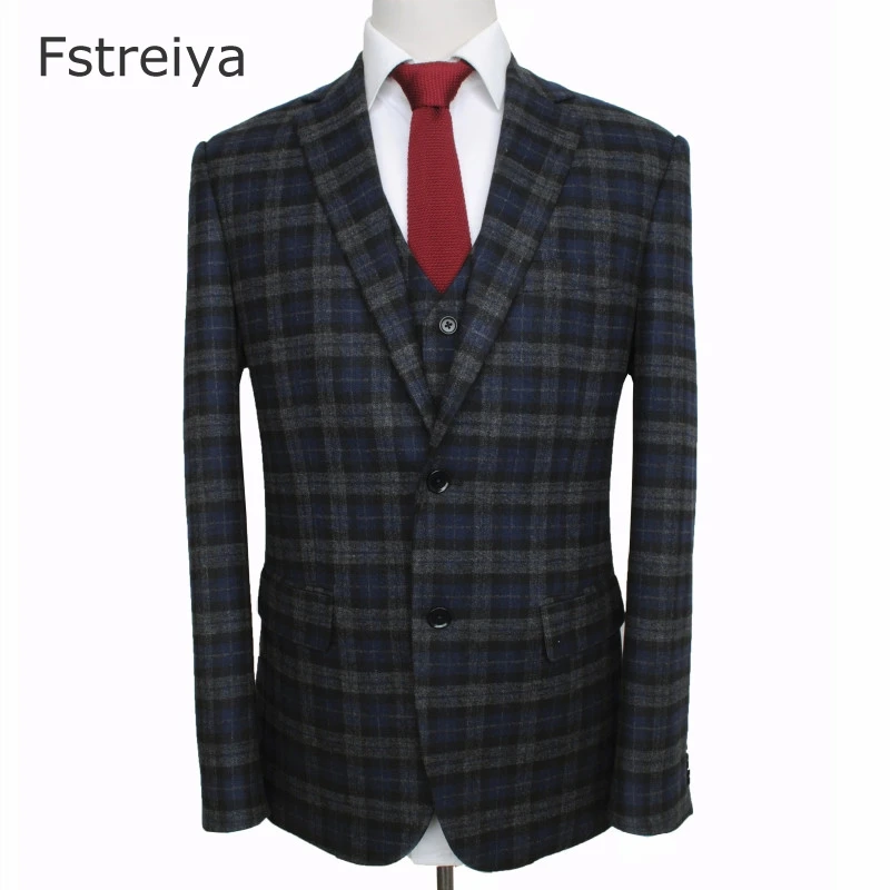 Custom made high quality men woolen plaid tweed suit mens customized Wedding suit coustume homme slim fit clothing tailored suit