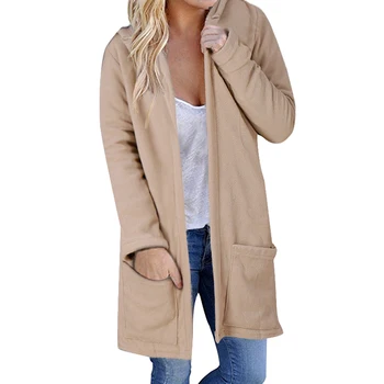 

Women Solid Color Hooded Jacket Front Pockets Casual Long Hoodie Outwear