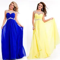 In Stock Royal Blue Yellow Red 2014 Free Shipping Cap Sleeve Crystal Chiffon Evening Party Dress Floor-Length Long Prom Dresses