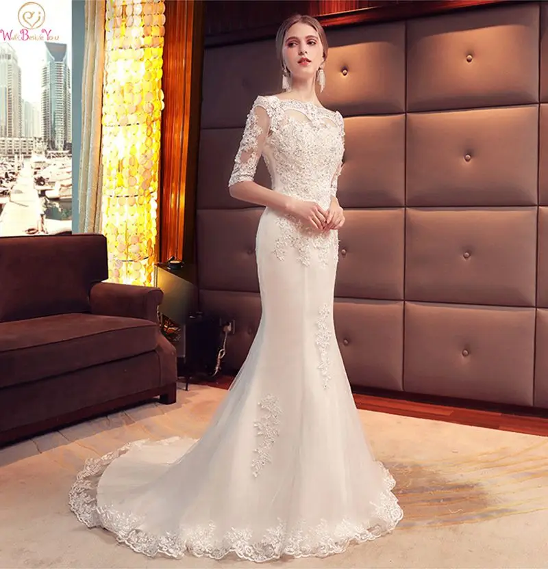 

Half Sleeves Mermaid Wedding Dresses 2019 New Boat Neck White Vestido De Noiva Appliques Sequined Lace Up Simple Bridal Gowns