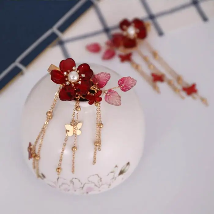 FORSEVEN Китайский Свадебный невесты свадебные украшения для волос кристалл красная бабочка заколка для волос в виде цветка длинные кисточки нарядные Заколки головные уборы