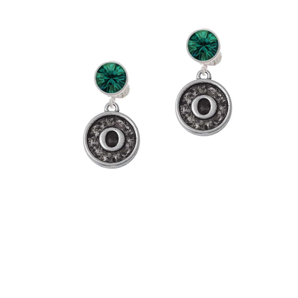 Antiqued Round Seal - Initial - O - Crystal Clip On Earrings (5)