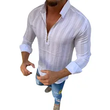 Плюс Размеры Для мужчин рубашки Slim Fit Повседневное полосатый принт отложной воротник, на молнии, мужской рубашки Топы, одежда с длинным рукавом Сорочки мужские