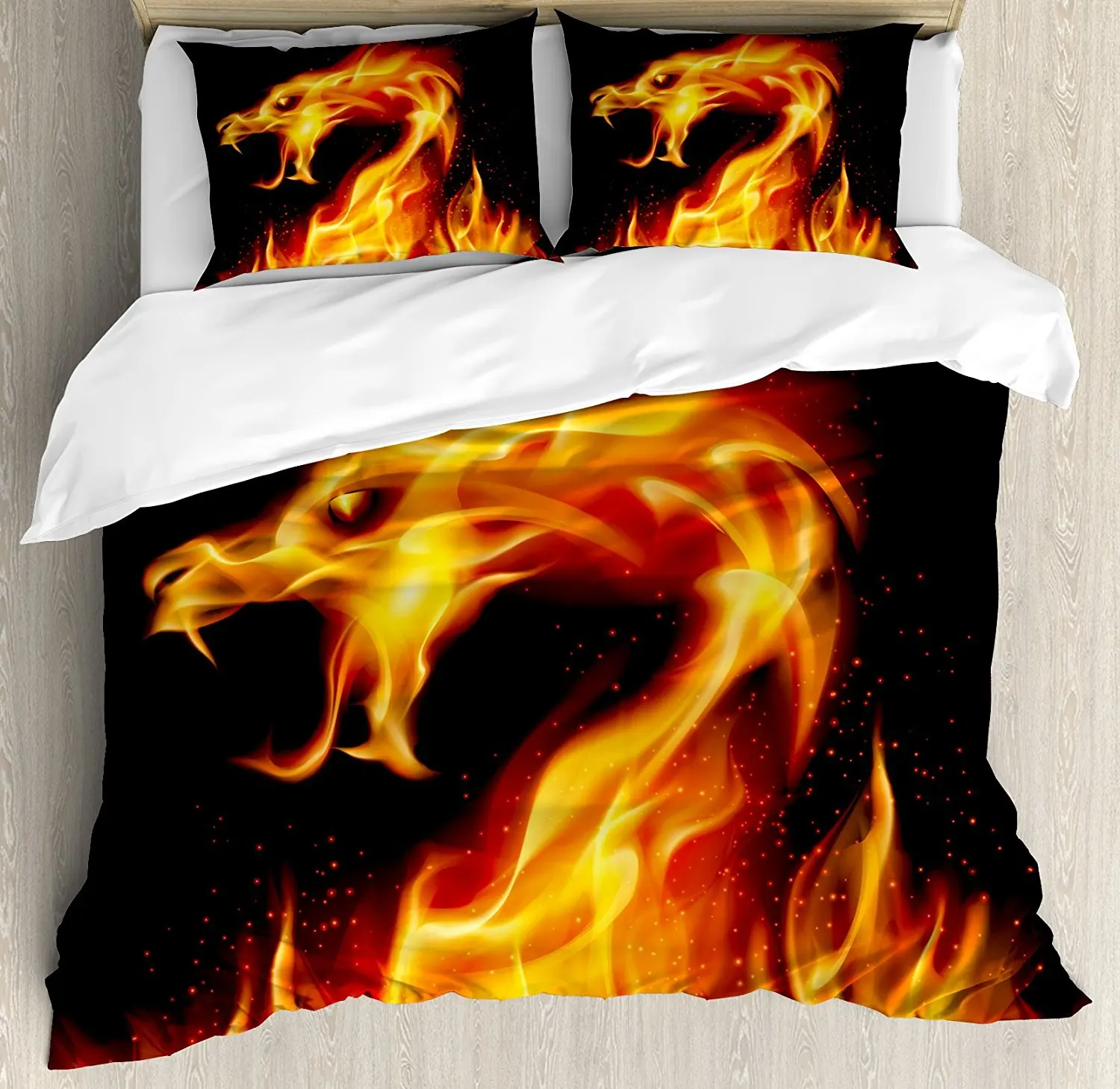 Dragon Duvet Cover Set Abstract Fiery Creature on Black Background