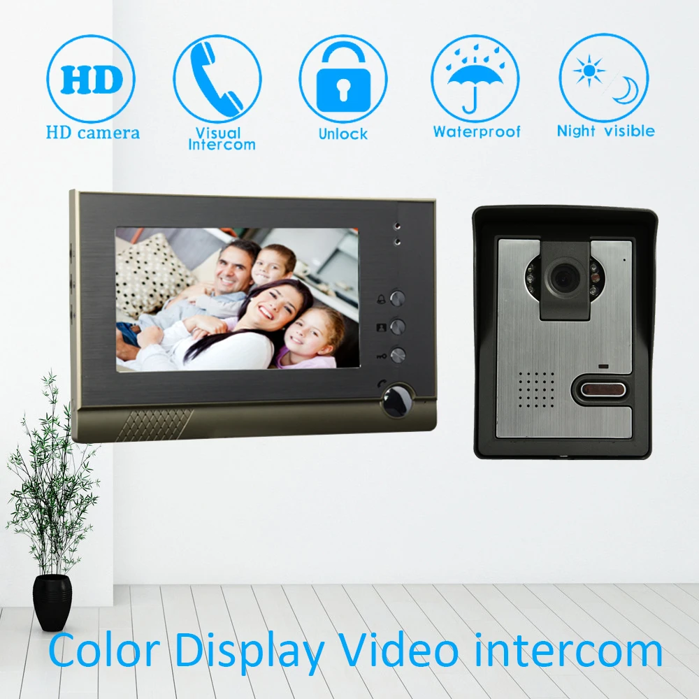 

Видеодомофон с 7-дюймовым цветным дисплеем, система разговора с дверным звонком и функцией ночного видения, разблокировка, из алюминия, 1 компл.