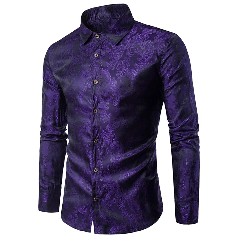 Модные мужские рубашки размера плюс с принтом пейсли, отложной воротник, рубашка с длинным рукавом, Приталенный топ - Цвет: Black Purple
