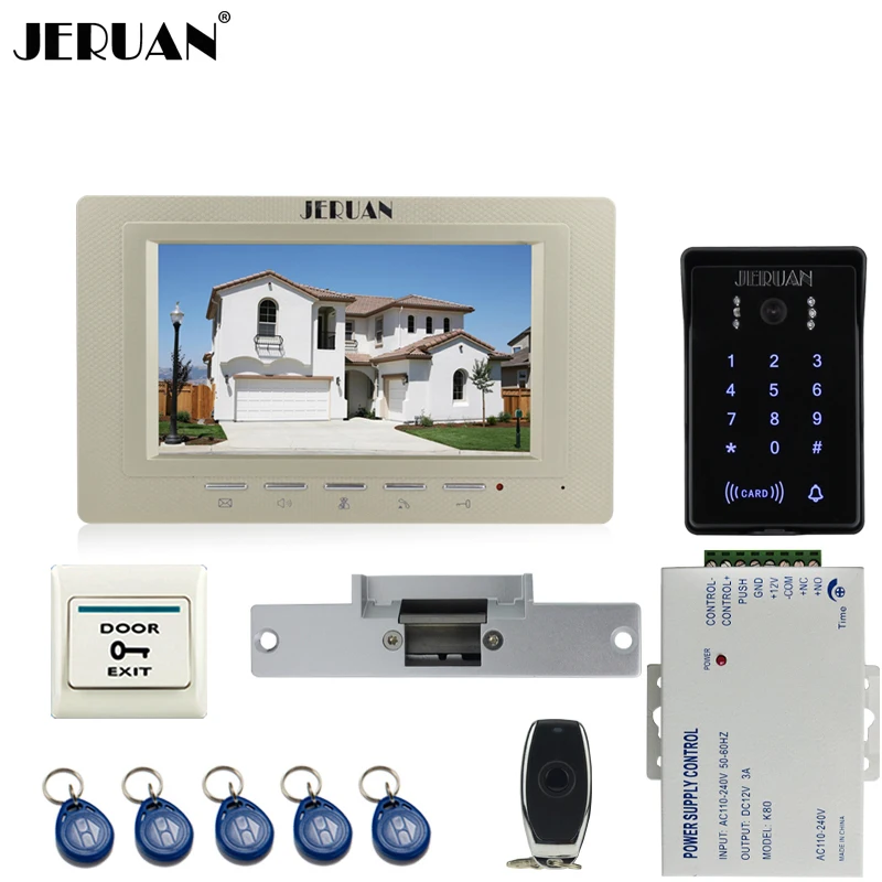 JERUAN 7 video door phone intercom system Kit RFID waterproof touch key password keypad access camera