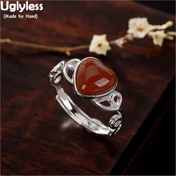 

Uglyless Gifts Jewelry Sweet LOVE Rings for Women Natural Agate Heart Shape Open Rings 925 Sterling Silver Valentine's Day Gifts
