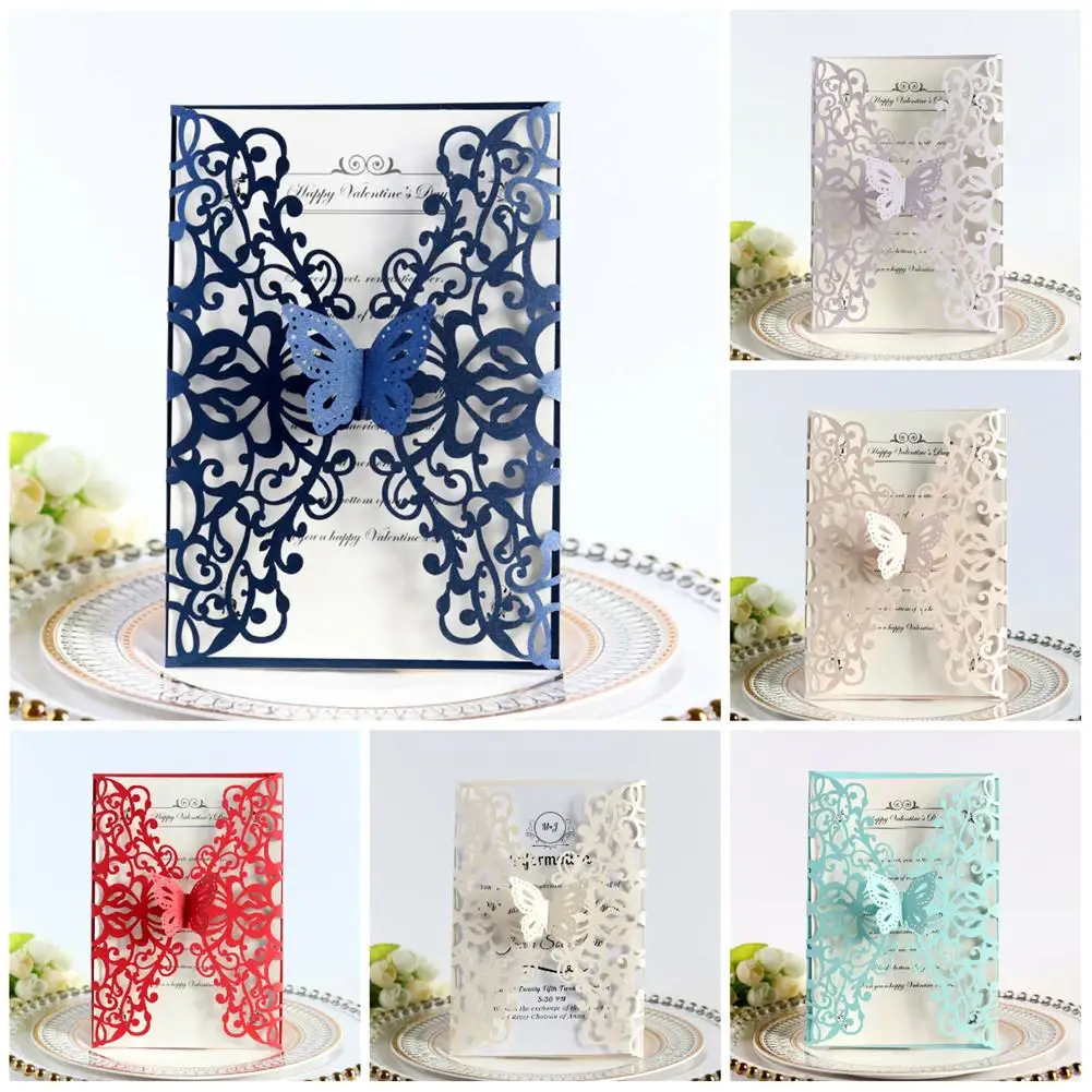  10PCS/ Set European Style Lace Wedding Invitations Butterfly Invitations Laser Cut Holiday Greeting - 33019697149