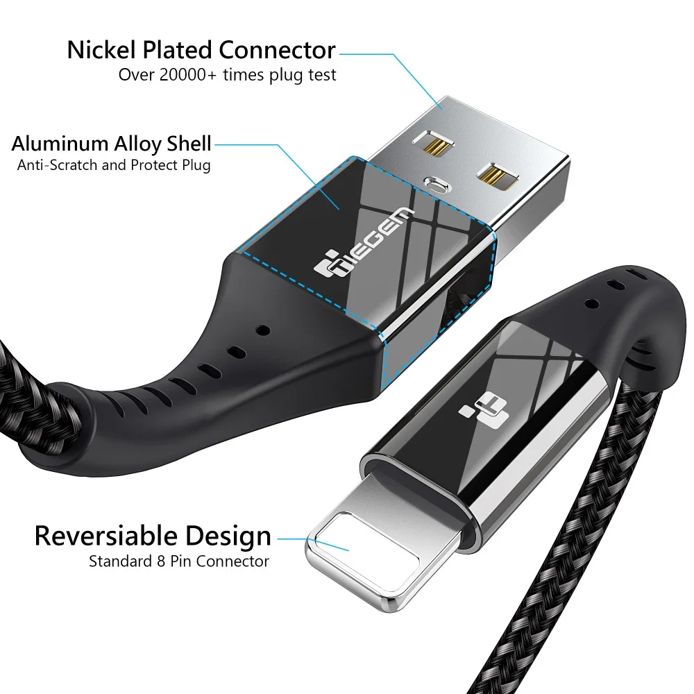 TIEGEM EX-طويلة USB كابل الشاحن ل فون X 8 7 سريع بيانات الشحن كابل يو اس بي لفون 6 6 s زائد 5 5 s SE الهاتف المحمول كابل
